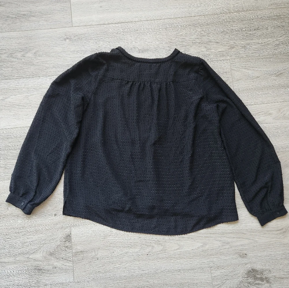Loft Black Swiss Dot Shirt Womens Large Velvet Trim Long Sleeve Top - Picture 7 of 10